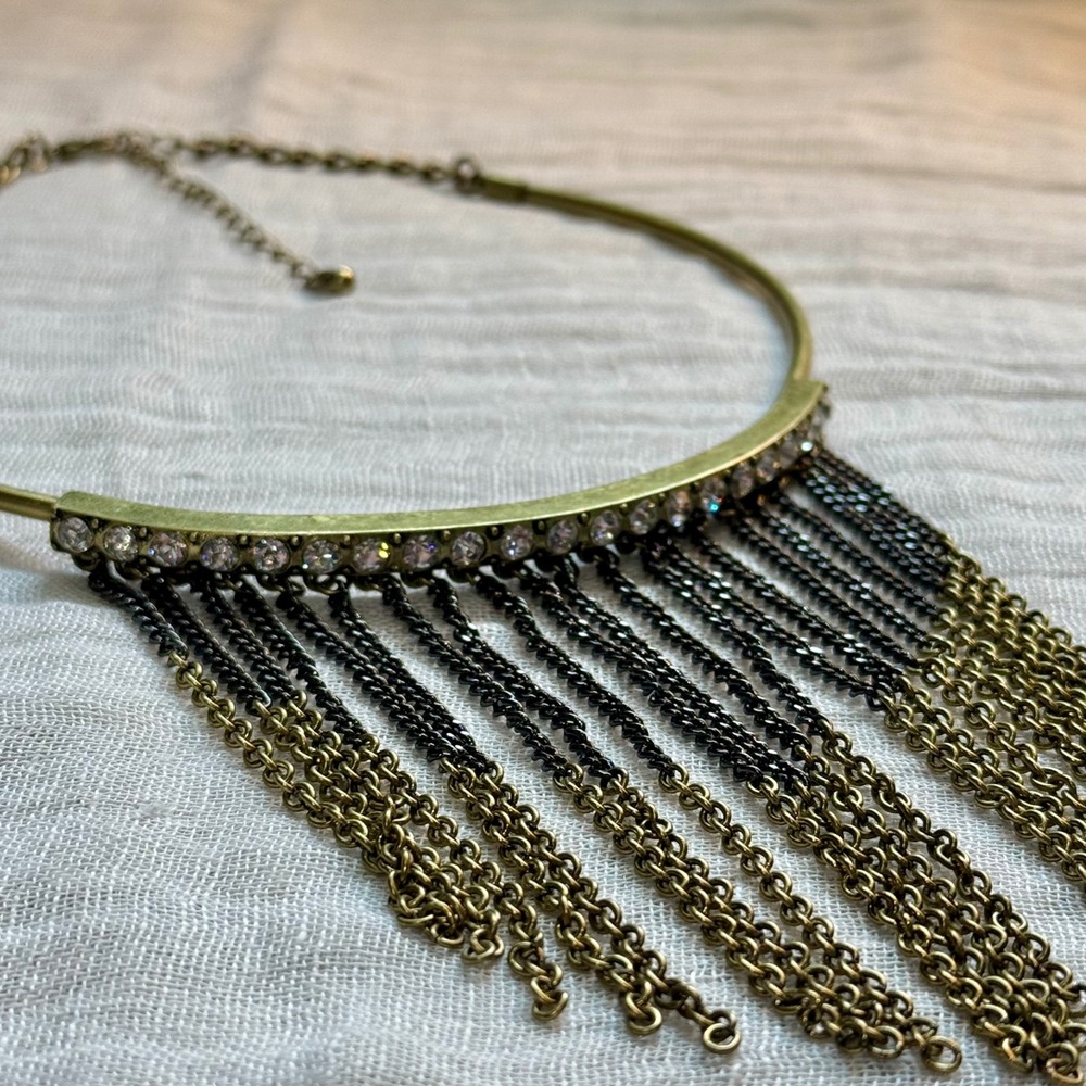 Rhinestone Fringe Choker Necklace Gold Tone Boho Festival Y2K Statement - Picture 3 of 10